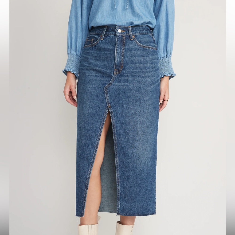 High-waisted denim maxi skirt with front slit